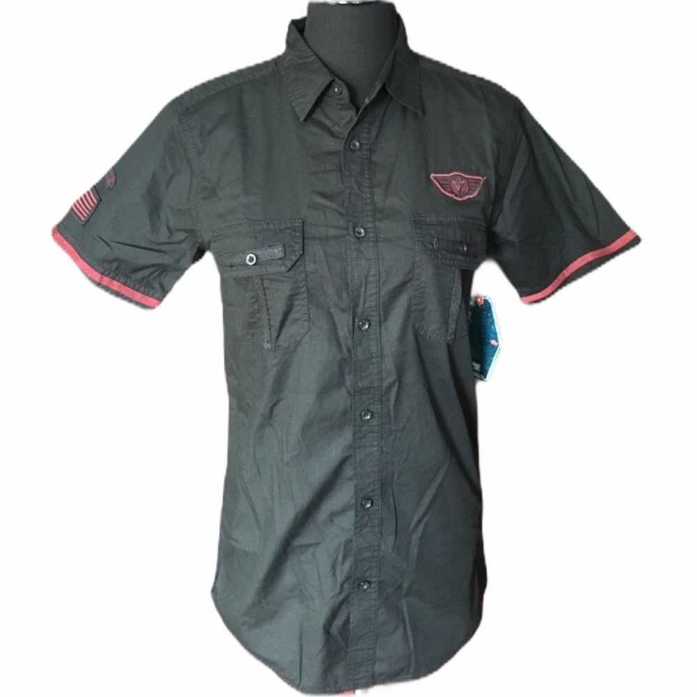 Black Jack Button Down Shirt with Patches, Black, Small